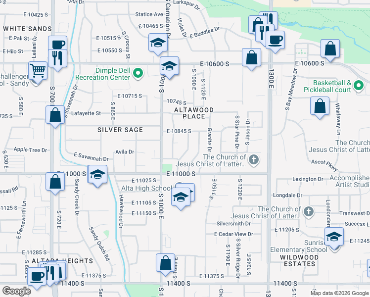 map of restaurants, bars, coffee shops, grocery stores, and more near 10941 South Mill Canyon Drive in Sandy