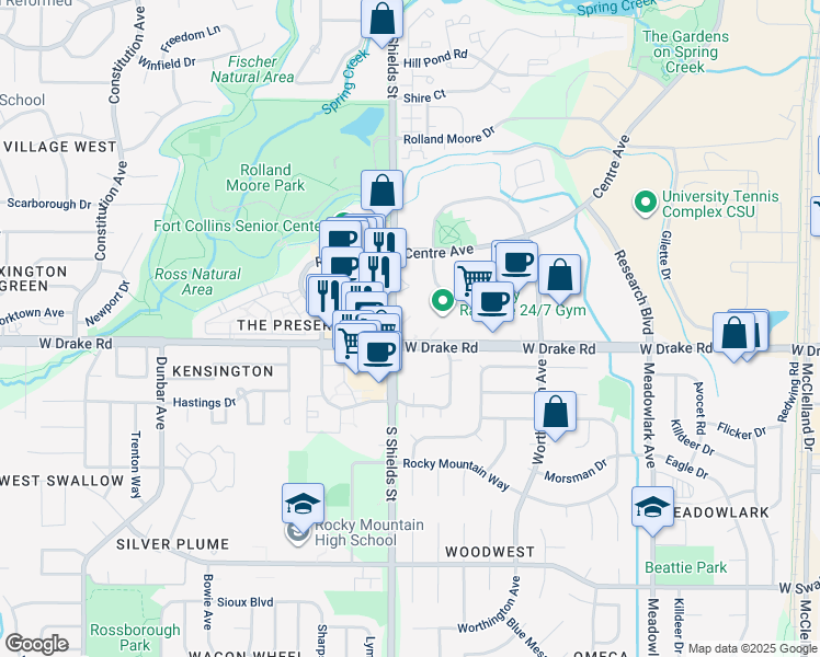 map of restaurants, bars, coffee shops, grocery stores, and more near in Fort Collins