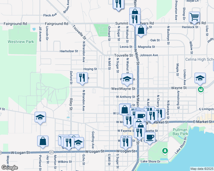 map of restaurants, bars, coffee shops, grocery stores, and more near 416 Wayne Street in Celina