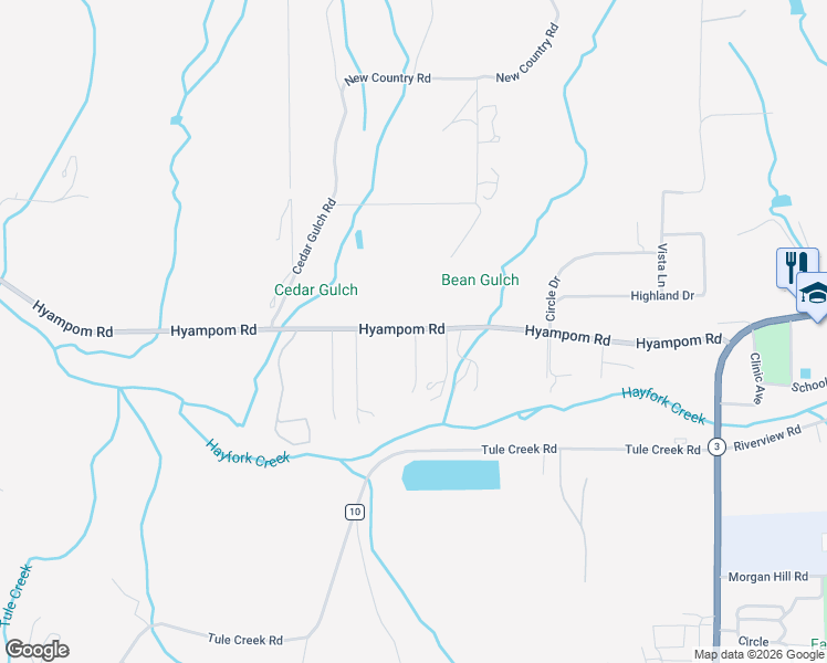 map of restaurants, bars, coffee shops, grocery stores, and more near Hyampom Road in Hayfork