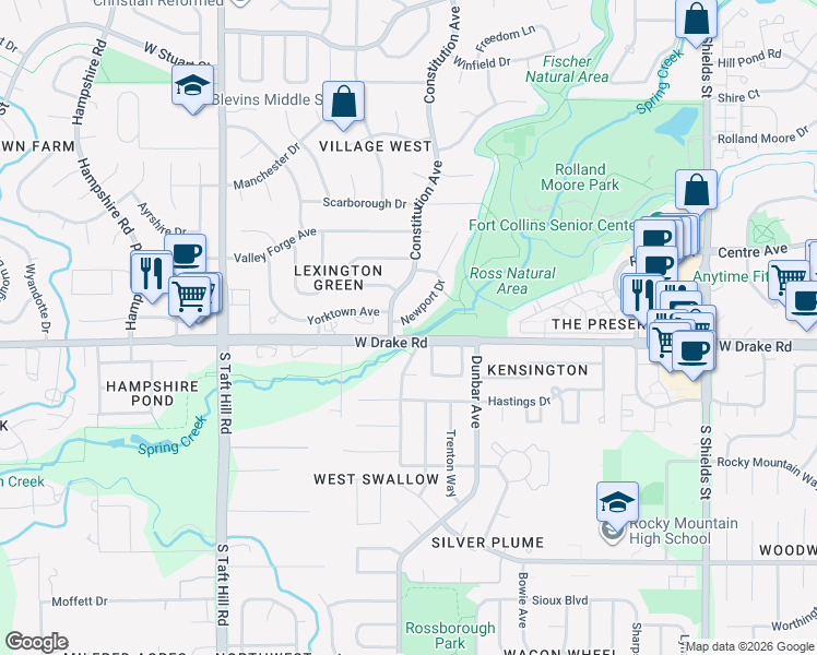 map of restaurants, bars, coffee shops, grocery stores, and more near 2607 Hanover Drive in Fort Collins