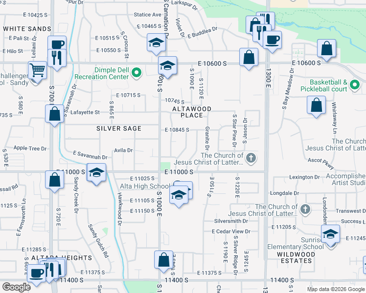 map of restaurants, bars, coffee shops, grocery stores, and more near 10941 South Mill Canyon Drive in Sandy