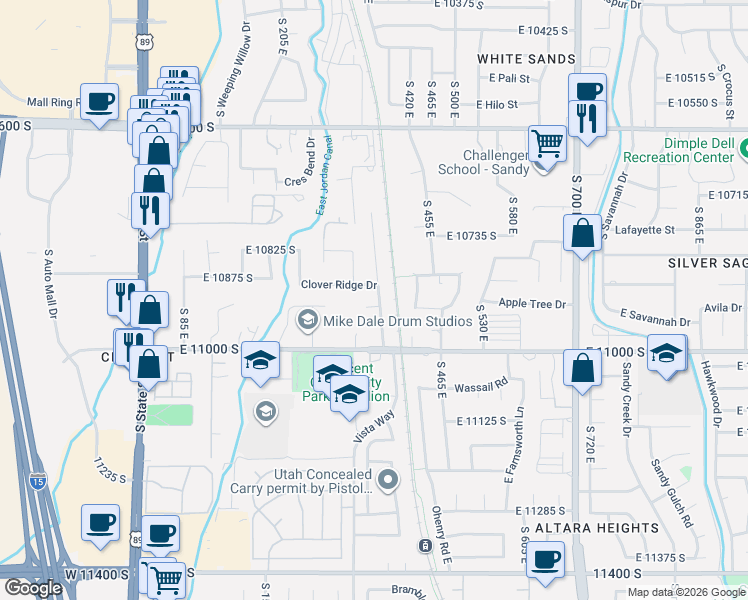 map of restaurants, bars, coffee shops, grocery stores, and more near 10951 Heather Ridge Drive in Sandy