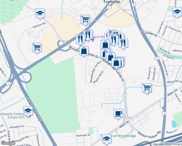 map of restaurants, bars, coffee shops, grocery stores, and more near 101-B Woodbridge Terrace in Woodbridge Township
