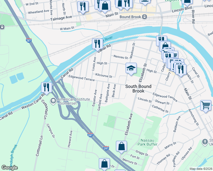 map of restaurants, bars, coffee shops, grocery stores, and more near 219 Garfield Avenue in South Bound Brook