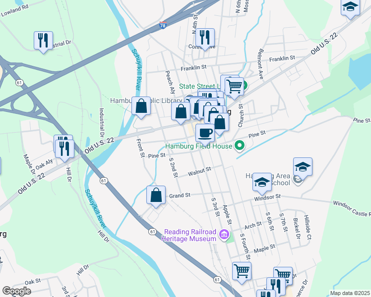 map of restaurants, bars, coffee shops, grocery stores, and more near 238 Pine Street in Hamburg