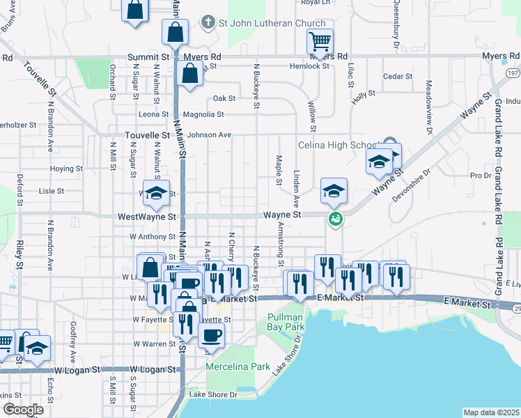 map of restaurants, bars, coffee shops, grocery stores, and more near 416 East Wayne Street in Celina