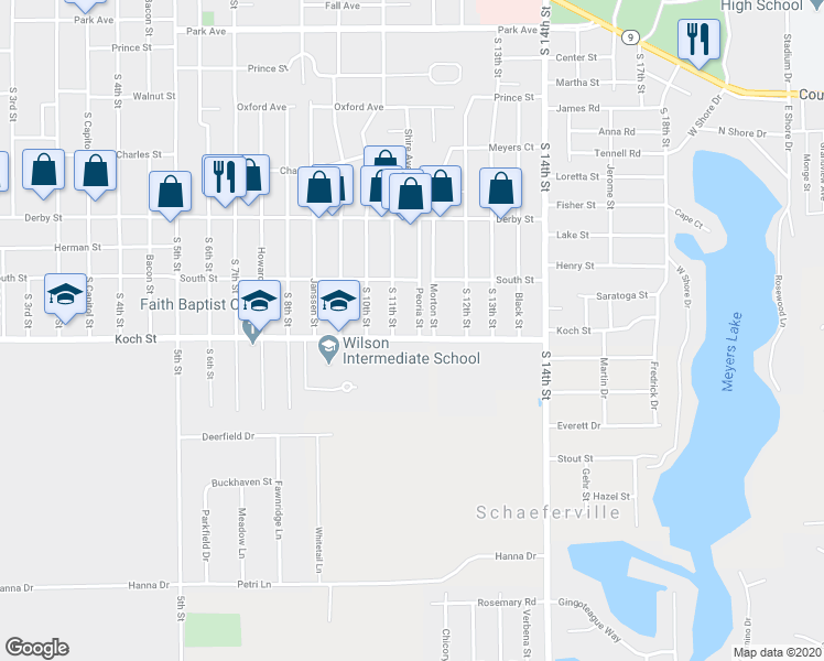 map of restaurants, bars, coffee shops, grocery stores, and more near 1422 South 11th Street in Pekin