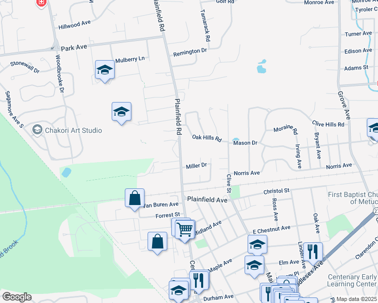 map of restaurants, bars, coffee shops, grocery stores, and more near 25 Miller Drive in Metuchen