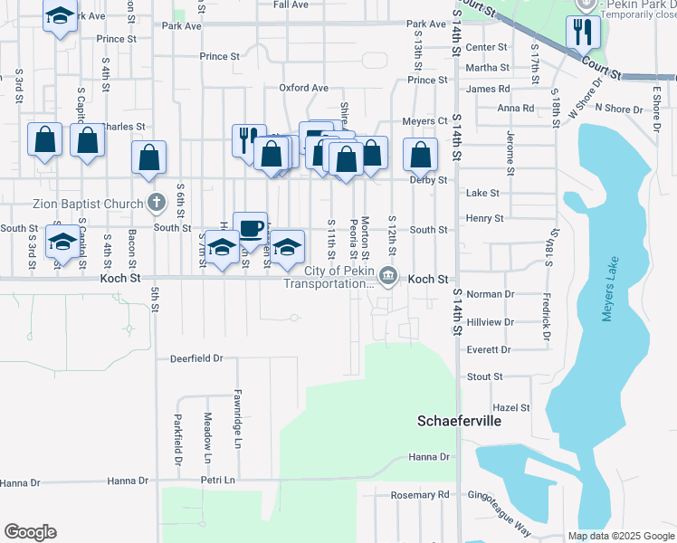 map of restaurants, bars, coffee shops, grocery stores, and more near 1422 South 11th Street in Pekin