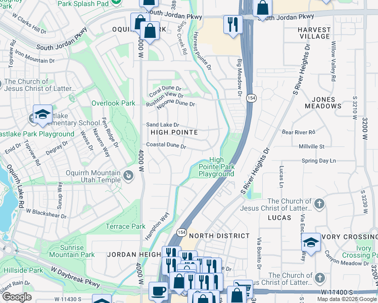 map of restaurants, bars, coffee shops, grocery stores, and more near 3803 Coastal Dune Drive in South Jordan