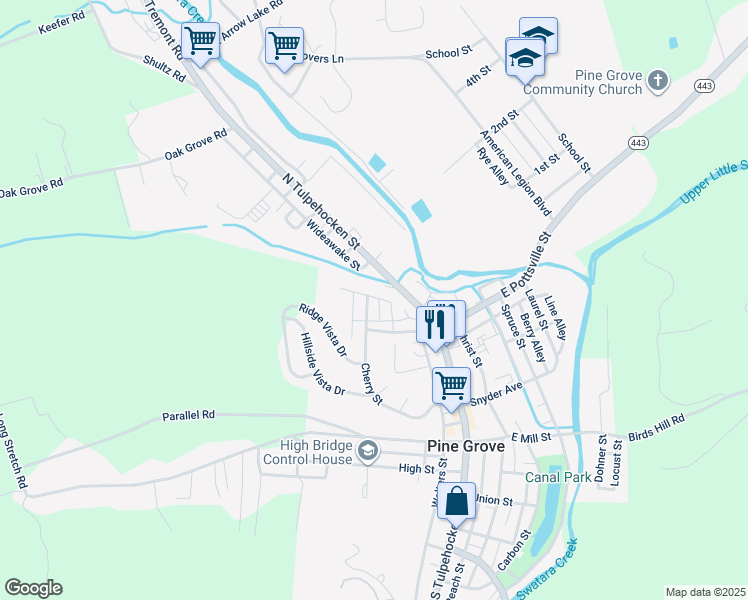 map of restaurants, bars, coffee shops, grocery stores, and more near 1 Cherry Street in Pine Grove