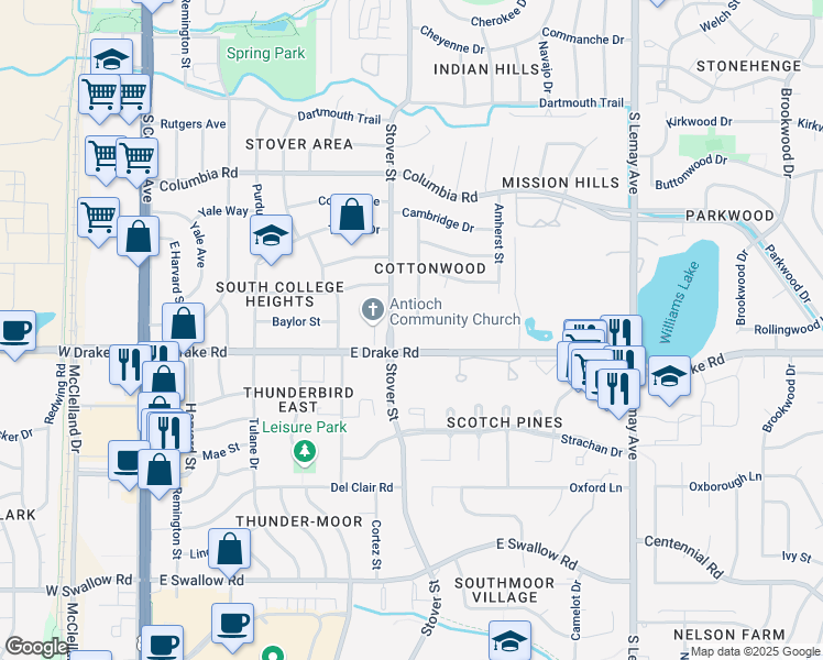map of restaurants, bars, coffee shops, grocery stores, and more near 2550 Stover Street in Fort Collins