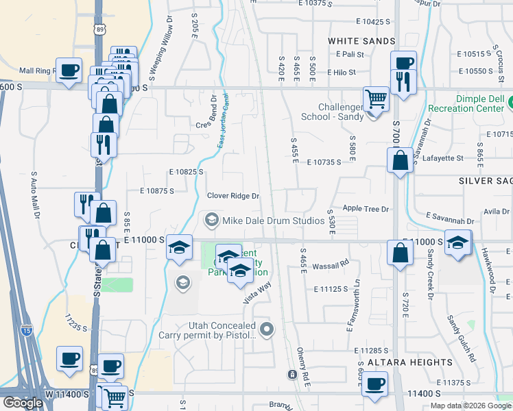 map of restaurants, bars, coffee shops, grocery stores, and more near 341 Heather Ridge Circle in Sandy