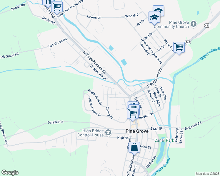 map of restaurants, bars, coffee shops, grocery stores, and more near 1 Cherry Street in Pine Grove
