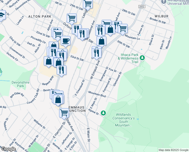 map of restaurants, bars, coffee shops, grocery stores, and more near 649 Evergreen Street in Emmaus