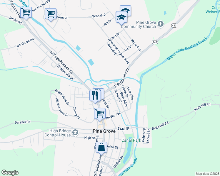map of restaurants, bars, coffee shops, grocery stores, and more near 37 East Pottsville Street in Pine Grove