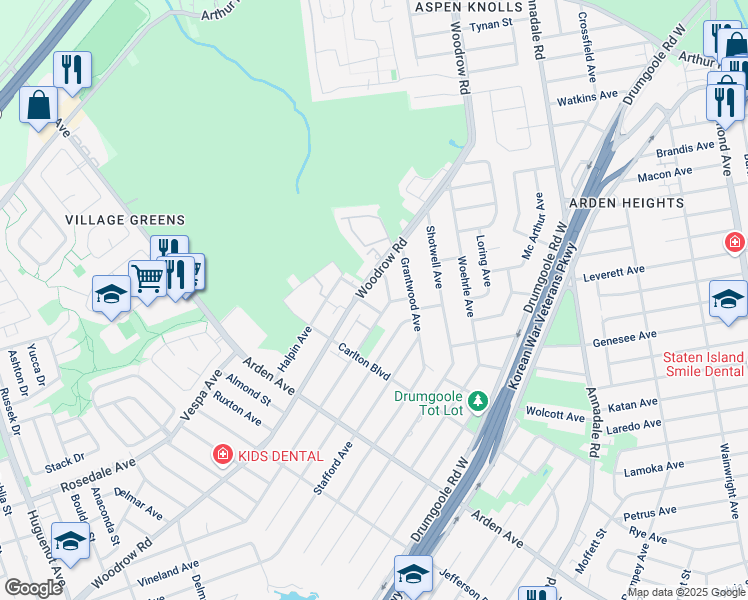 map of restaurants, bars, coffee shops, grocery stores, and more near 446 Woodrow Road in Staten Island