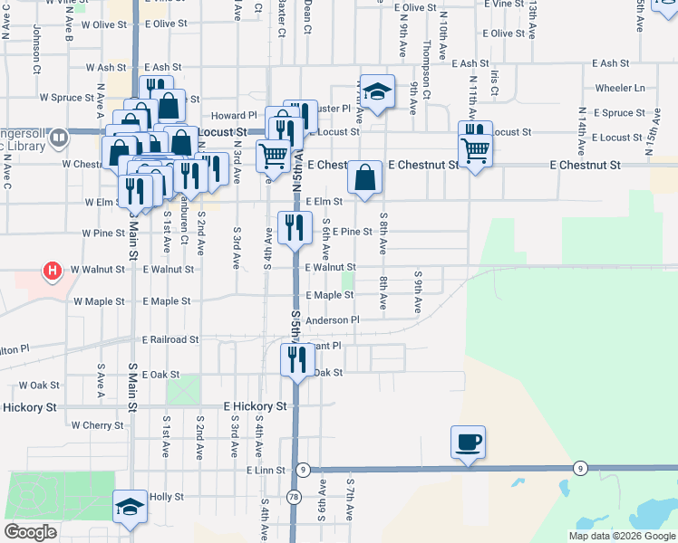 map of restaurants, bars, coffee shops, grocery stores, and more near 623 East Walnut Street in Canton
