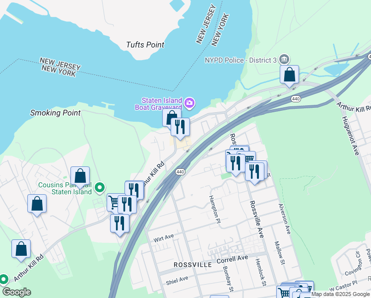 map of restaurants, bars, coffee shops, grocery stores, and more near 299 West Service Road in Staten Island