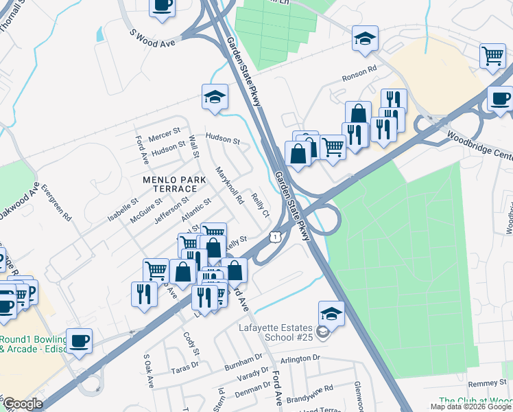 map of restaurants, bars, coffee shops, grocery stores, and more near 45 Reilly Court in Metuchen