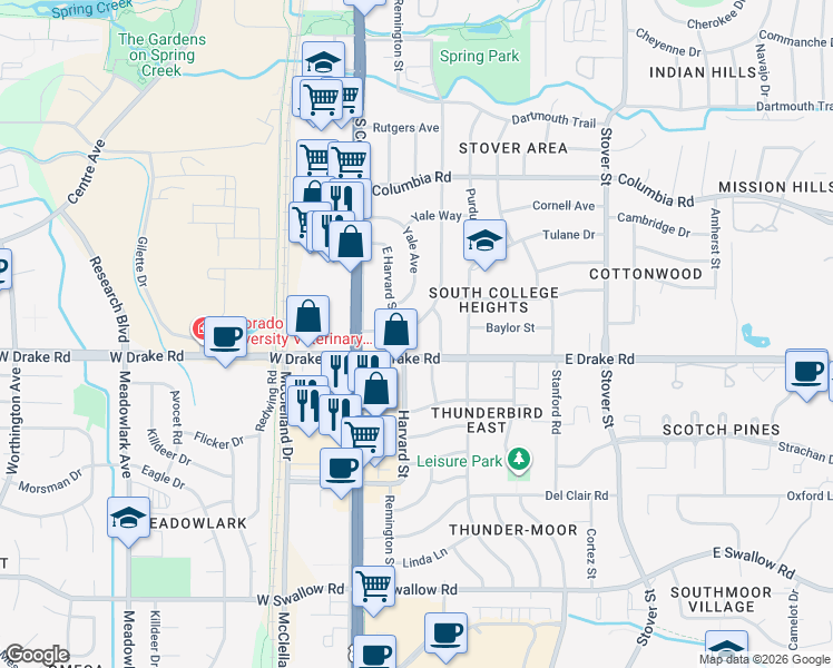 map of restaurants, bars, coffee shops, grocery stores, and more near 164 Yale Avenue in Fort Collins