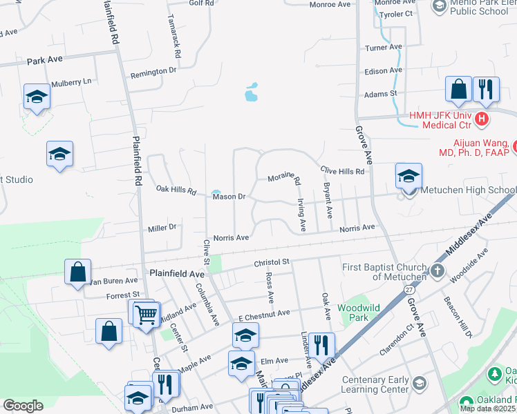map of restaurants, bars, coffee shops, grocery stores, and more near 2 Clive Hills Road in Edison