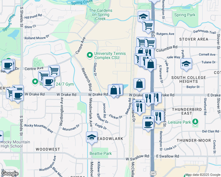 map of restaurants, bars, coffee shops, grocery stores, and more near 300 West Drake Road in Fort Collins