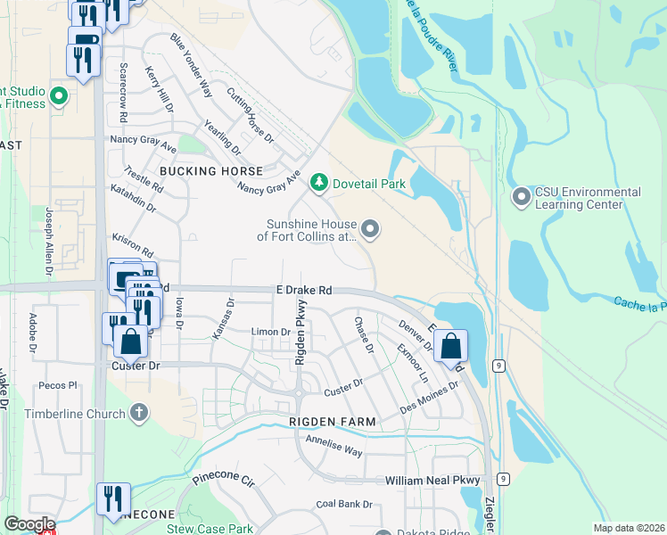 map of restaurants, bars, coffee shops, grocery stores, and more near 2451 Palomino Drive in Fort Collins