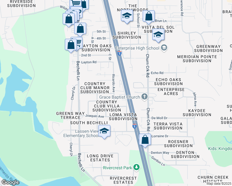 map of restaurants, bars, coffee shops, grocery stores, and more near 3621 Ricardo Avenue in Redding
