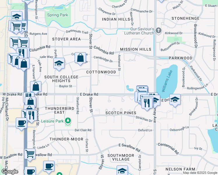 map of restaurants, bars, coffee shops, grocery stores, and more near 700 East Drake Road in Fort Collins