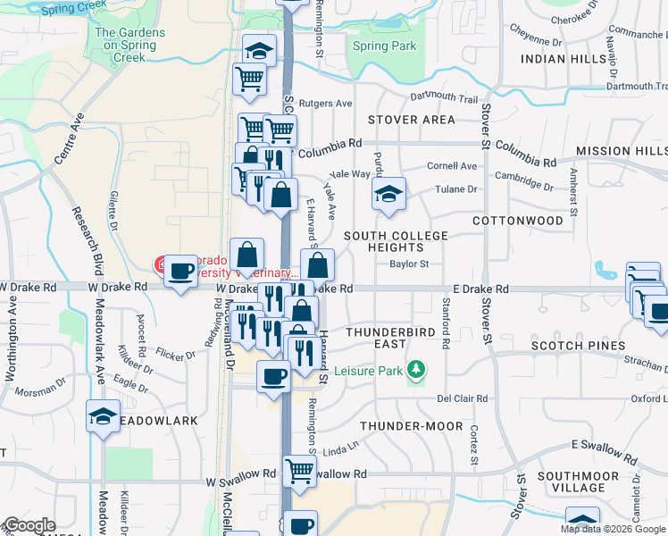 map of restaurants, bars, coffee shops, grocery stores, and more near 164 Yale Avenue in Fort Collins
