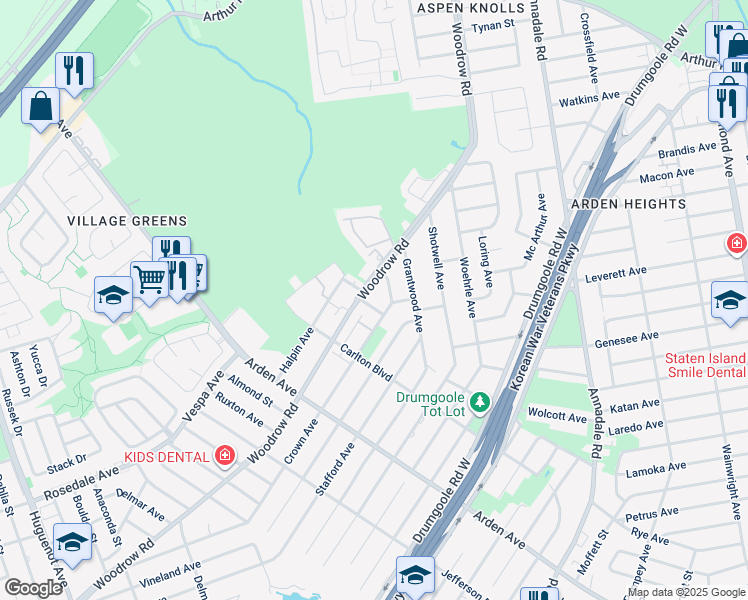 map of restaurants, bars, coffee shops, grocery stores, and more near 446 Woodrow Road in Staten Island