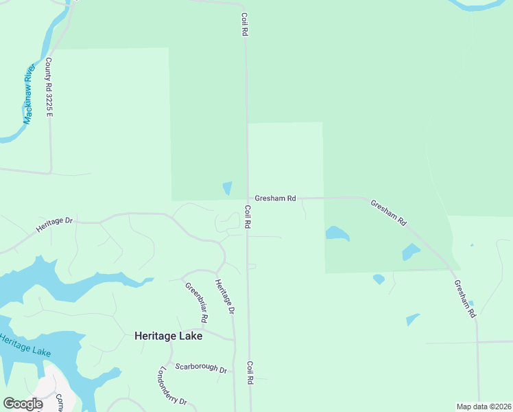 map of restaurants, bars, coffee shops, grocery stores, and more near 15945 Gresham Road in Mackinaw