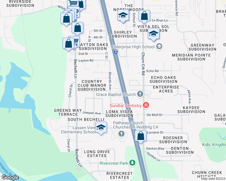 map of restaurants, bars, coffee shops, grocery stores, and more near 3621 Ricardo Avenue in Redding