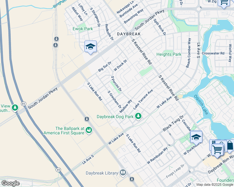map of restaurants, bars, coffee shops, grocery stores, and more near 5254 West Split Rock Drive in South Jordan
