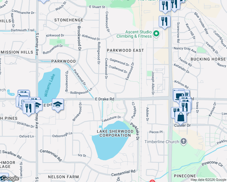 map of restaurants, bars, coffee shops, grocery stores, and more near 1725 Eastwood Court in Fort Collins