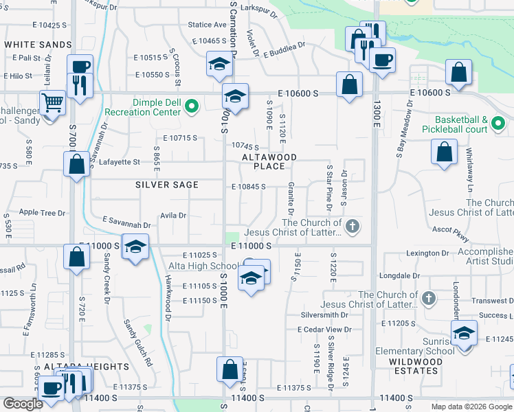 map of restaurants, bars, coffee shops, grocery stores, and more near 1060 East 10845 South in Sandy