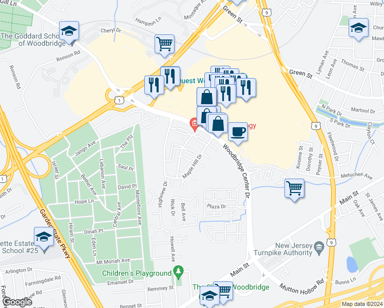 map of restaurants, bars, coffee shops, grocery stores, and more near 133 Woodbridge Terrace in Woodbridge Township
