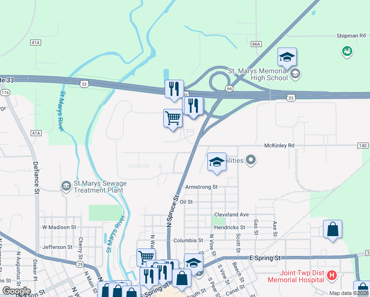 map of restaurants, bars, coffee shops, grocery stores, and more near 478 Fortman Drive in Saint Marys