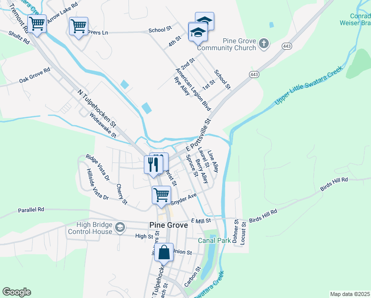 map of restaurants, bars, coffee shops, grocery stores, and more near 51 East Pottsville Street in Pine Grove