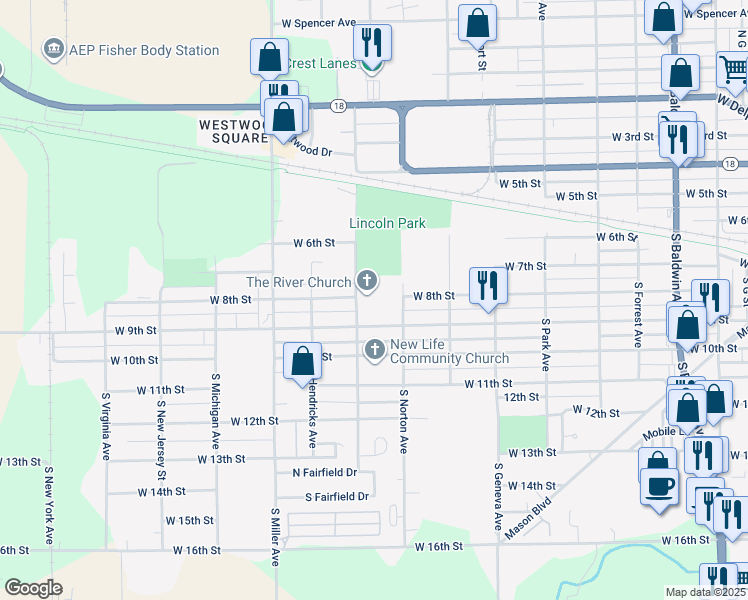 map of restaurants, bars, coffee shops, grocery stores, and more near 759 South Lenfesty Avenue in Marion