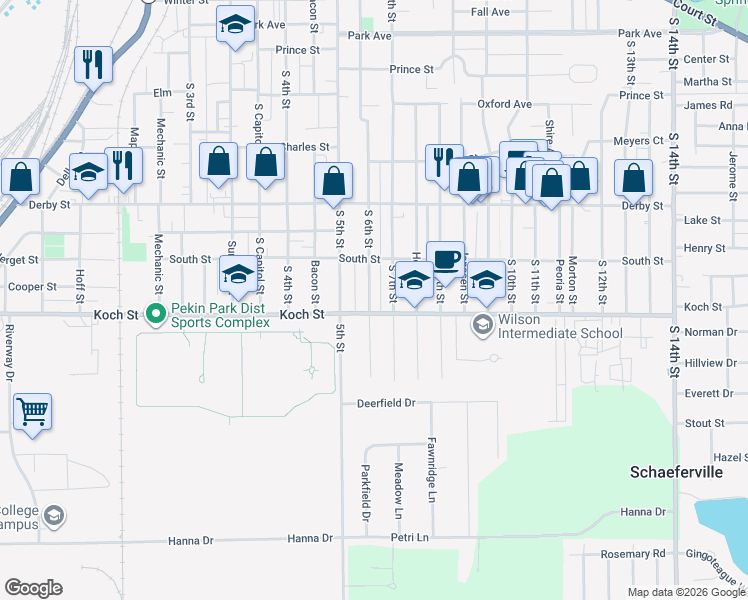 map of restaurants, bars, coffee shops, grocery stores, and more near 1415 South 6th Street in Pekin