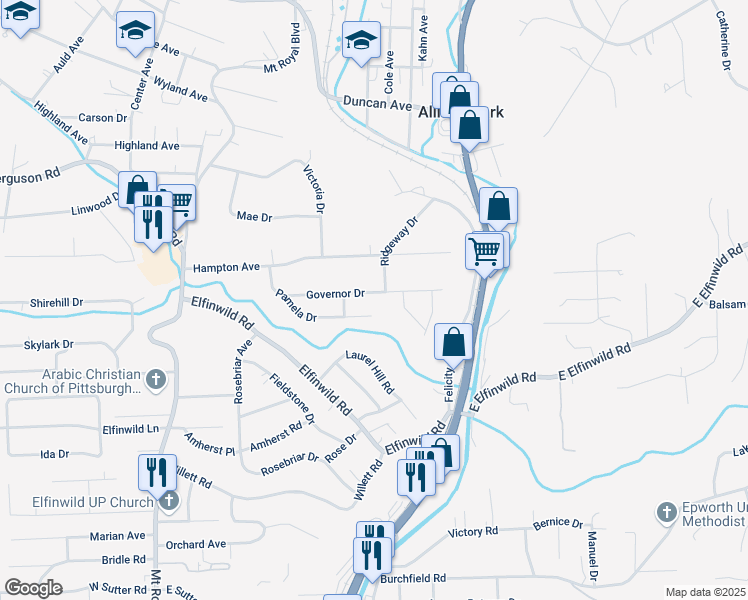 map of restaurants, bars, coffee shops, grocery stores, and more near 305 Governor Drive in Allegheny County