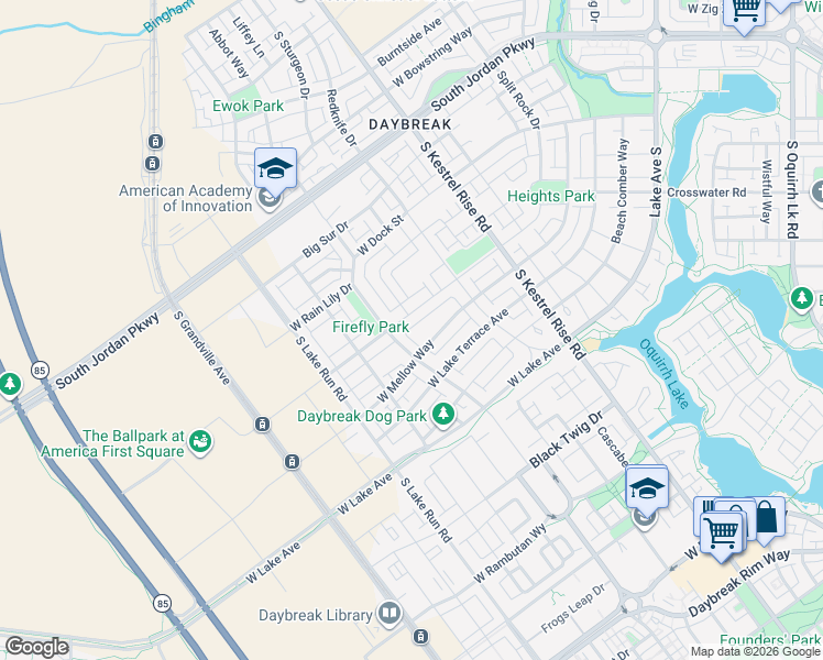 map of restaurants, bars, coffee shops, grocery stores, and more near 5162 West Mellow Way in South Jordan