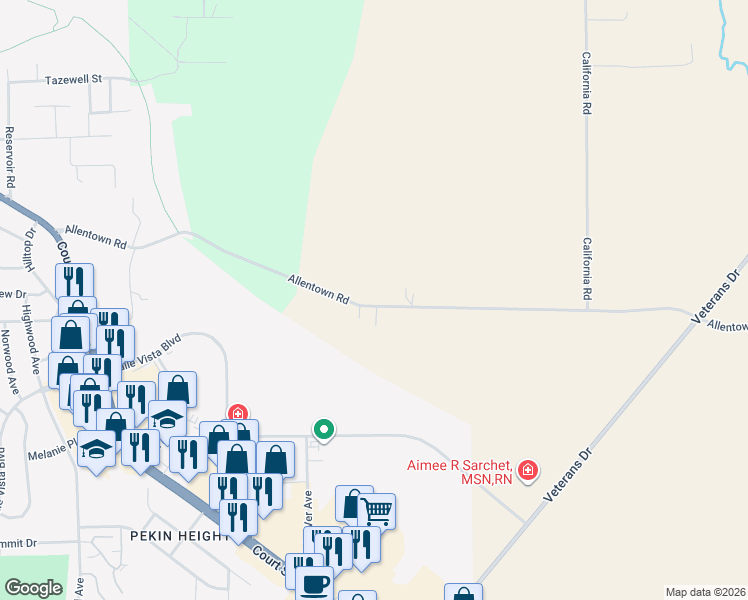 map of restaurants, bars, coffee shops, grocery stores, and more near 2851 Allentown Road in Pekin