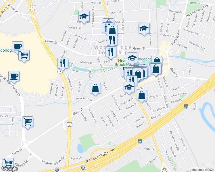 map of restaurants, bars, coffee shops, grocery stores, and more near 12 Dixon Drive in Woodbridge Township