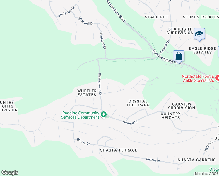 map of restaurants, bars, coffee shops, grocery stores, and more near 4269 Sudden Wind Court in Redding
