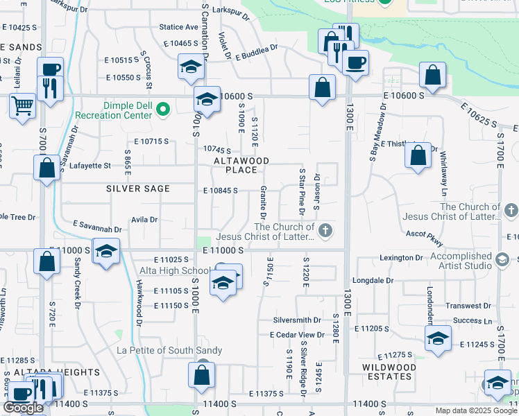 map of restaurants, bars, coffee shops, grocery stores, and more near 10866 South Shady Dell Drive in Sandy