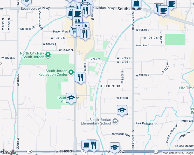 map of restaurants, bars, coffee shops, grocery stores, and more near 10853 Wynview Lane in South Jordan
